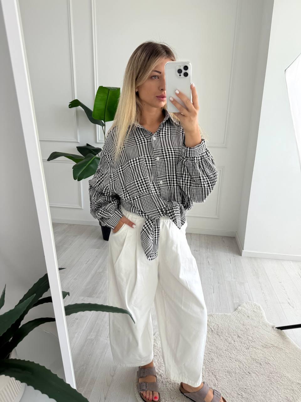 Жіноча подовжена сорочка в дрібну карту на ґудзиках оверсайз фасону (р. 42-46) 14131100, фото 1