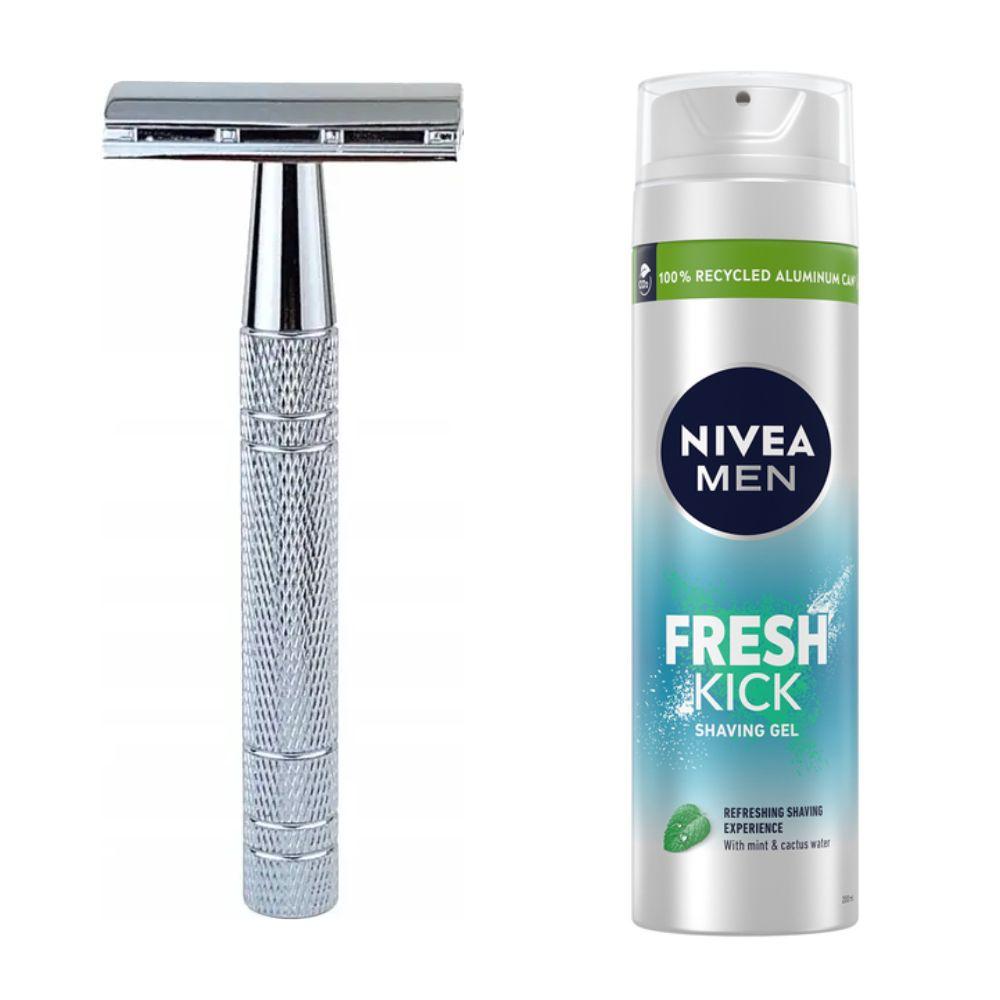 Класична Т-подібна бритва+10 лез + гель для гоління Nivea Men Fresh Kick 200 мл, фото 1