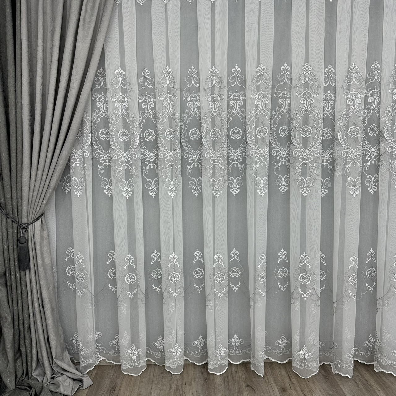 Бамбукова тюль з  шикарною вишивкою Keten №7590 сірий на опт