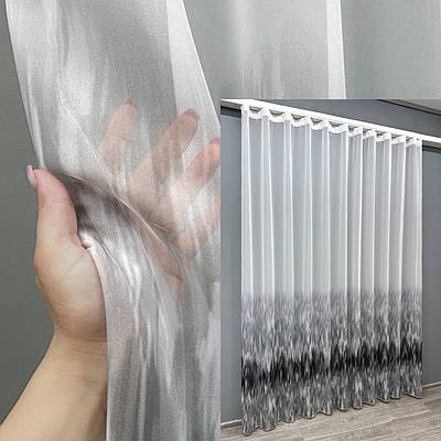 Тюль шифонова з принтом. Колір сірий з білим. Код 1759т