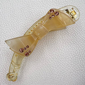 Шпилька банан для волосся французький пластик кремового кольору з бежевими стразами розмір 10 см висота 2 см