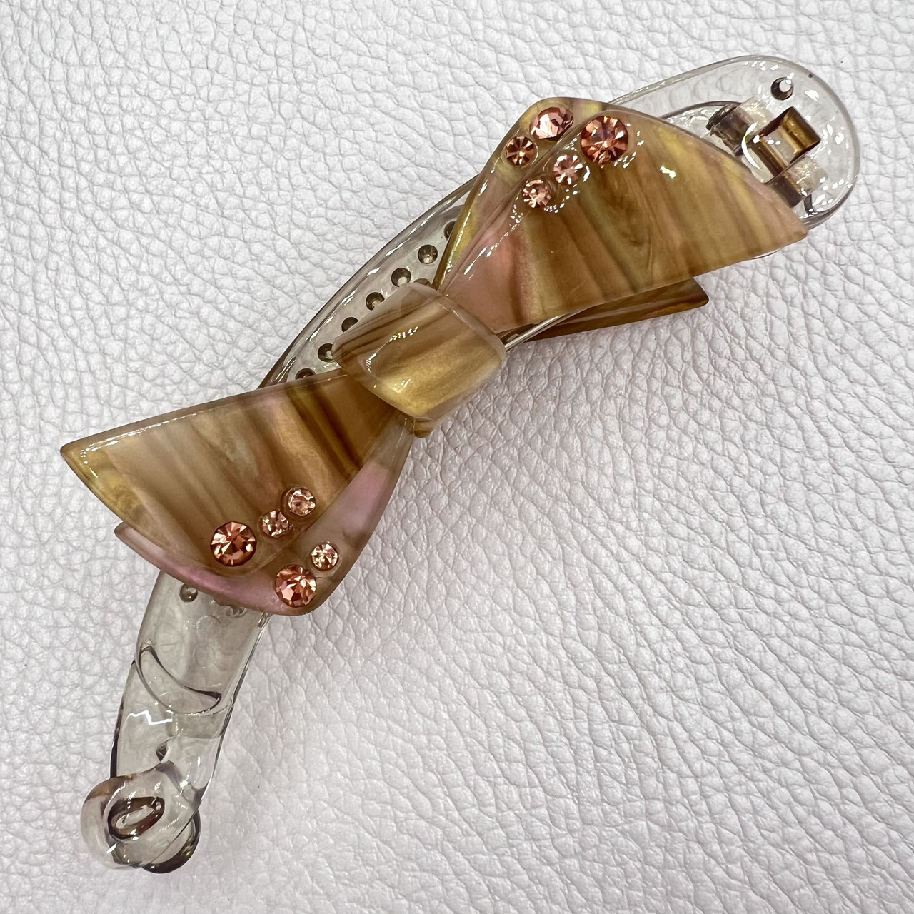 Шпилька банан для волосся французький пластик карамельно-золотистого кольору зі стразами розмір 10 см висота 2 см