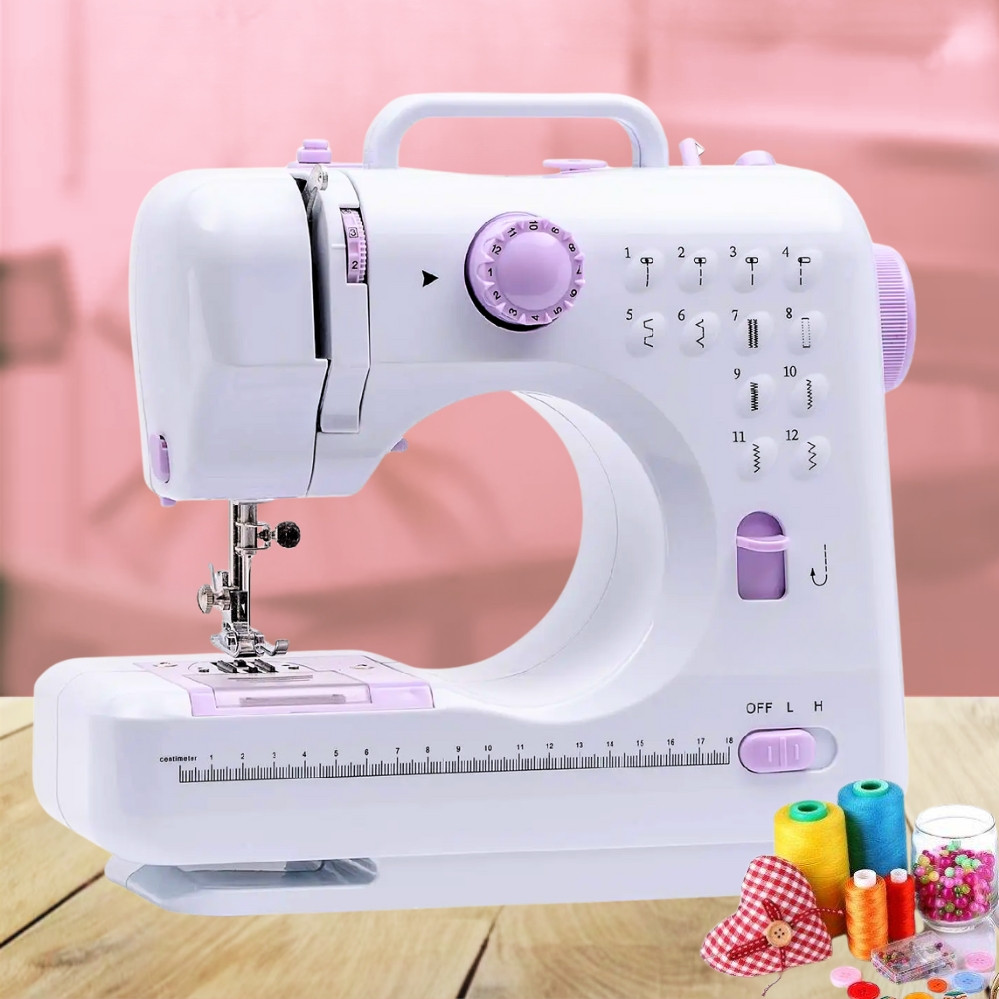 Електрична швейна машинка з педаллю та реверсом SM-505A портативна 2 швидкості та 12 видів рядків, фото 1