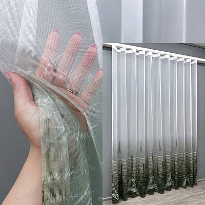 Тюль (3х2,7м.) з принтом "Париж". Колір зелений з білим. Код 1751т 42-0786