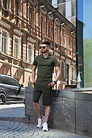 Якісний зручний для відпочинку літні шорти та поло хакі Стильний чоловічий комплект з натурального льону