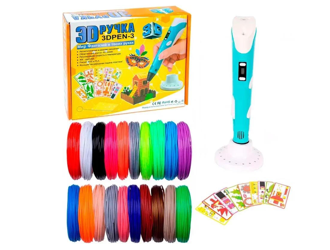 3D-ручка для малювання 3D Pen 3 Blue та 200 метрів різнокольорового пластику з трафаретами Блакитний