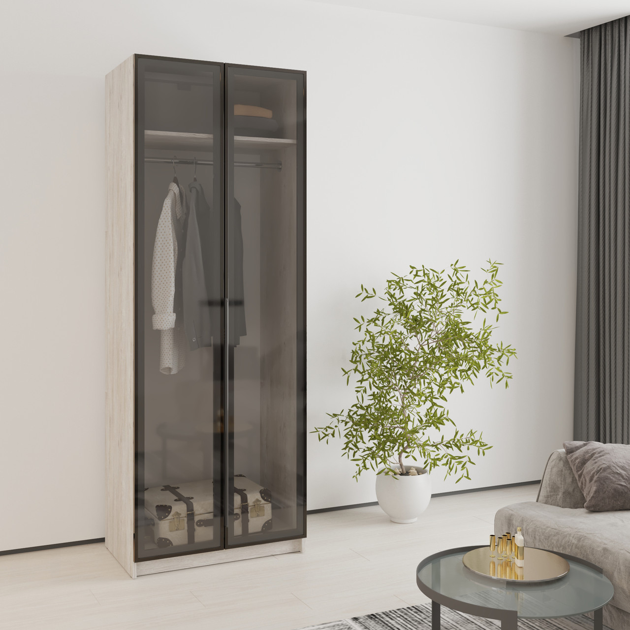 Шафа-вітрина скляна двостулкова для одягу, шафа зі склом у вітальню 80 см Оскар 2Д MebelStar, фото 1