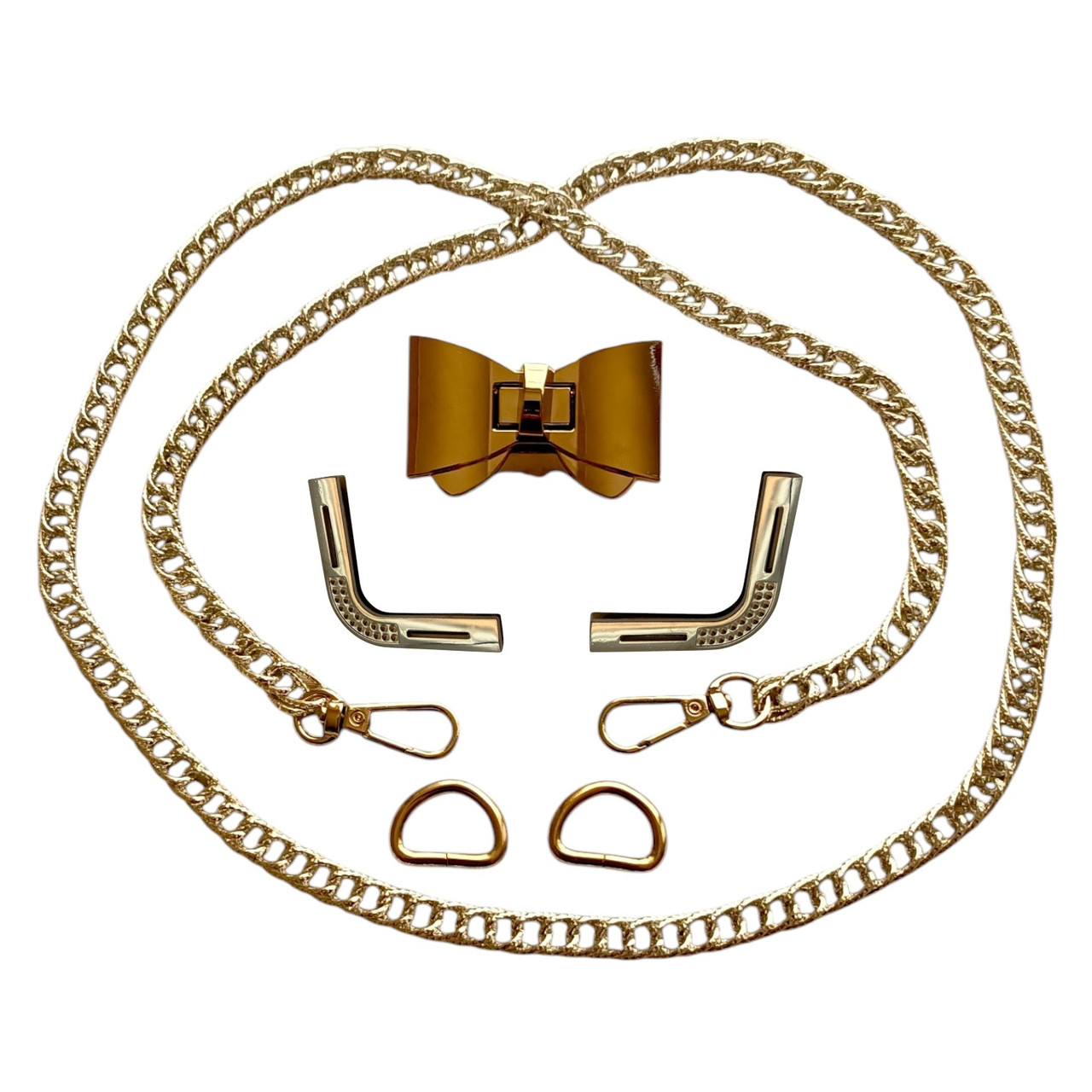 Набір - Замок Бантік + Куточки для клапана №11 + Ручка-ланцюжок колір золото Фурнітура для сумки, фото 1