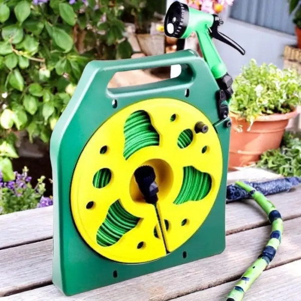Шланг для поливу на котушці 15м з розпилювачем BSM Зелений з жовтим, фото 1