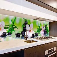 Кухонный фартук 60х300см на стену Орхидея и Бамбук 02 скинали для кухни наклейка ПВХ черные камни