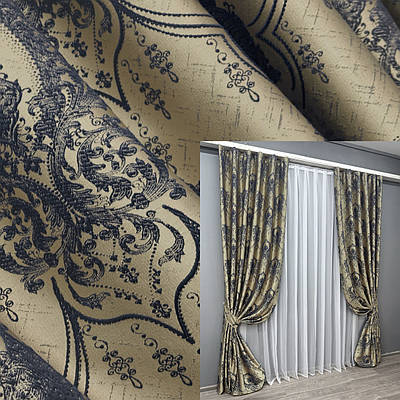 Комплект штор (2шт. 1,55х2,9м.) із тканини парча. Колір бежевий з синім. Код 1776ш 33-0737