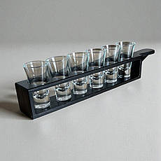 Набір чарок для подачі шотів на підставці в кольорі венге "Байків". d=40мм х6 отворів, 440 х 60 х 70h мм + стопки, рюмки чарки