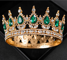 Корона діадема з зеленими камінцями кругла