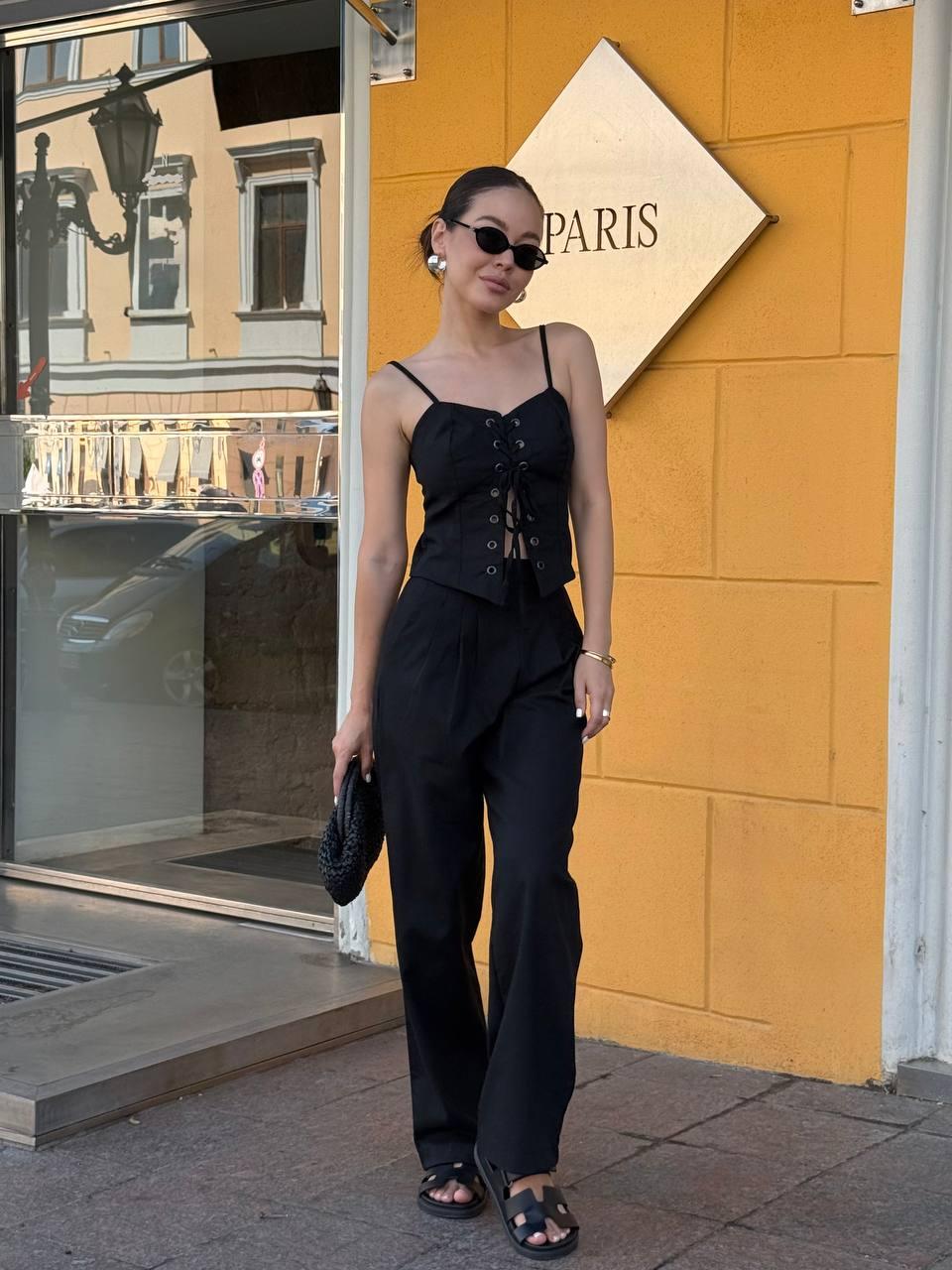 Жіночий літній легкий стильний брючний прогулянковий лляний костюм двійка топ корсет прямі штани льон, фото 1