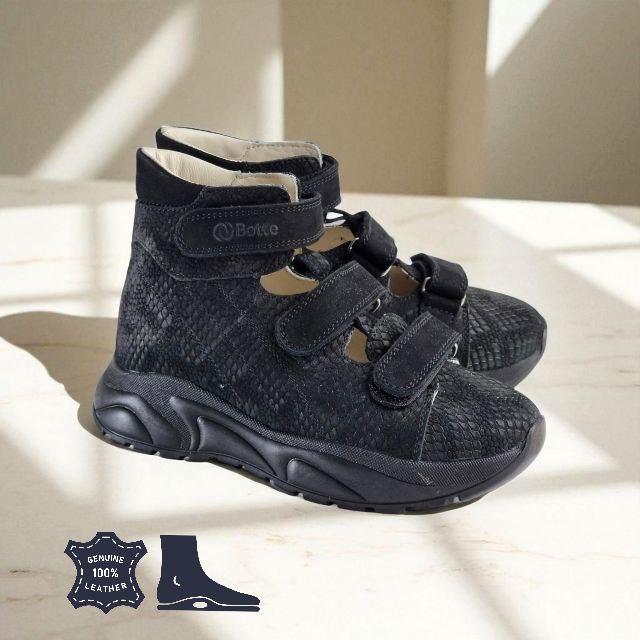 Дитячі чорні шкіряні ортопедичні кросівки на хлопчика на липучках 35 розмір, фото 1