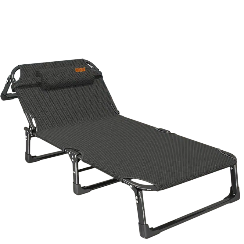 Ліжко‑шезлонг | розкладне | чорне | з підголовником і м’яким матрацом | витримує 150 кг | для кемпінгу, дачі, дому | WCG FBS04