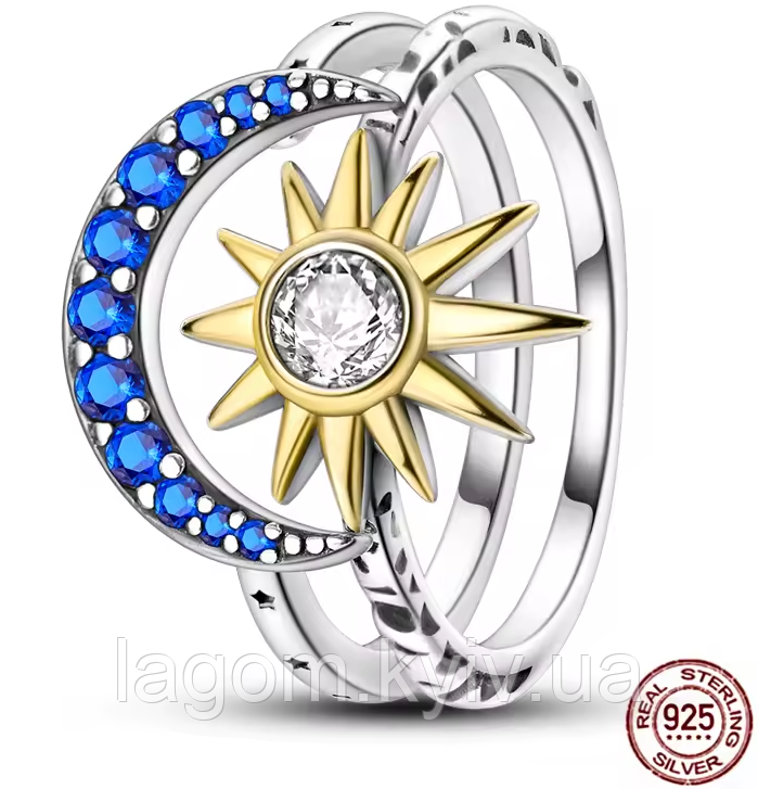 Срібні парні каблучки в стилі PANDORA 925 проба Sun&Moon кільця Сонце і Місяць ПАНДОРА, фото 1