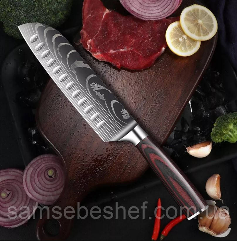 Японський шеф ніж Сантоку Santoku 17 см Damascus Style, фото 1