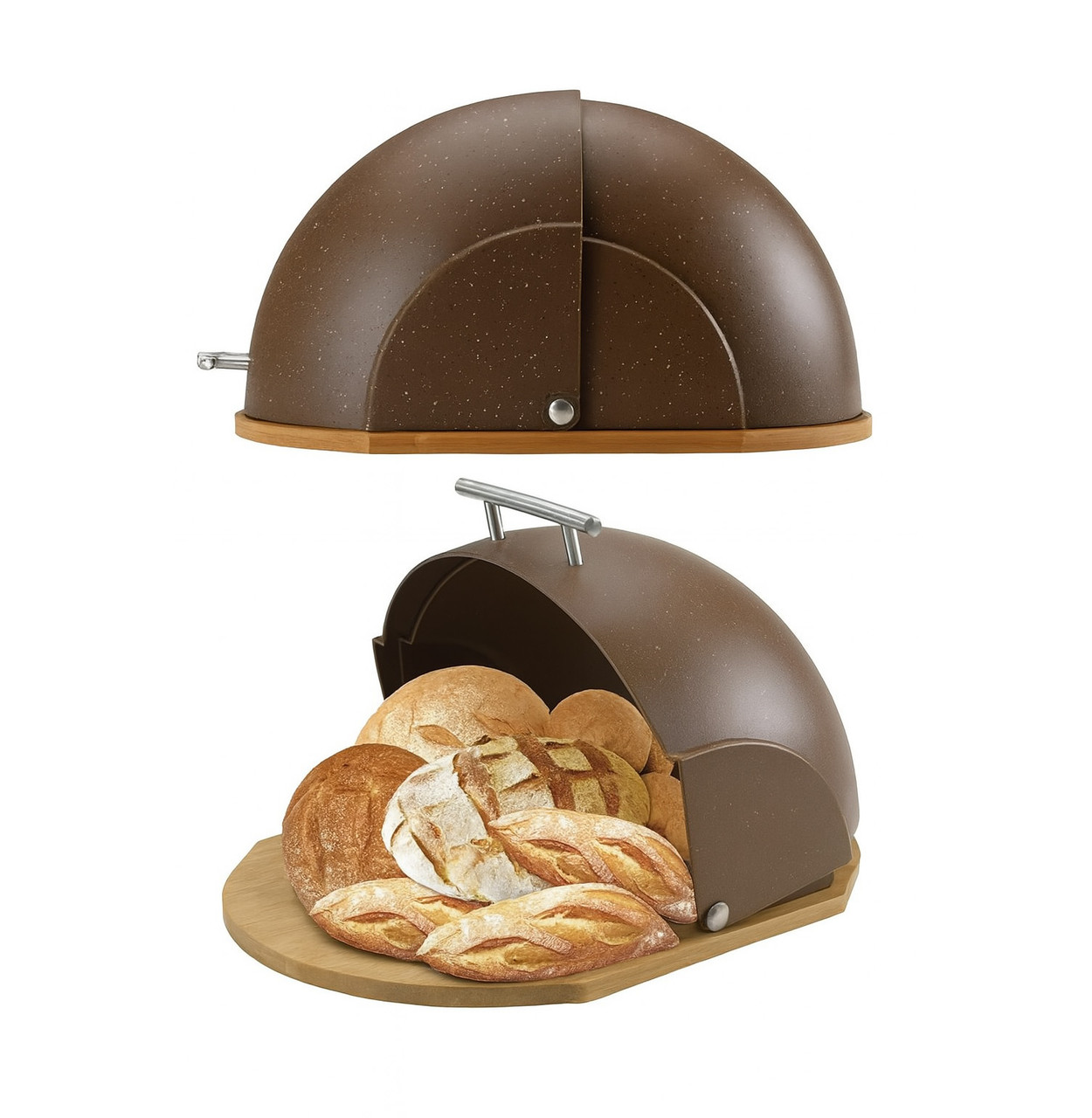 Хлібниця пластикова з основою з бамбукового дерева з відкидною купольною кришкою 37×26,5×20 см, фото 1