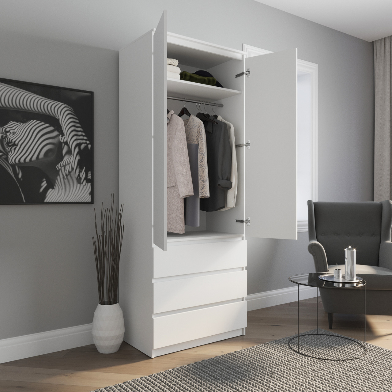 Шафа для спальні біла з висувними ящиками й штангою h211*80*50 см, фото 1