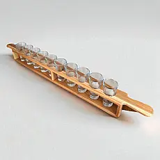 Набір з 10 чарок на підставці для шотів в ресторані "Байків". Ясень d=40мм х10 отворів, 780 х 60 х 70h мм