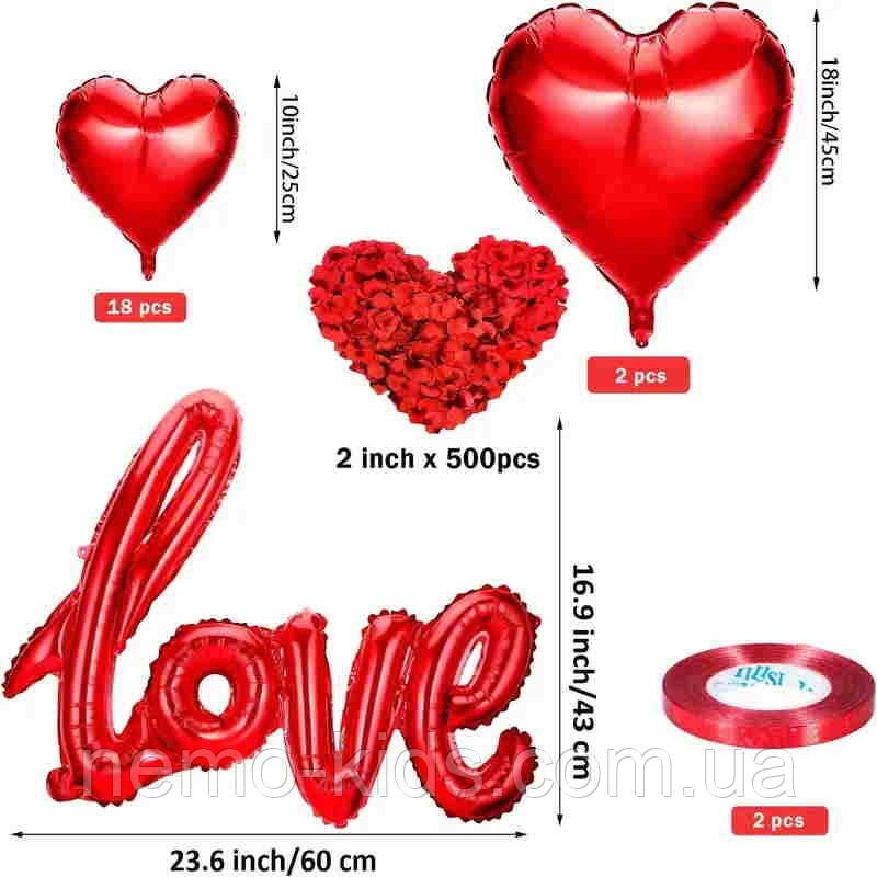 Набір кульок червоних LOVE + 1000 пелюсток троянди, пак.20*20, фото 1