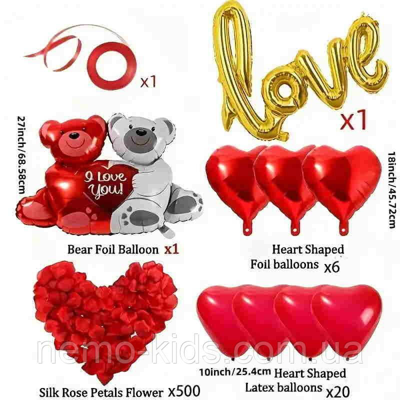 Набір кульок Закохані ведмедики+ 1000 пелюсток троянди, пак.20*20см, фото 1
