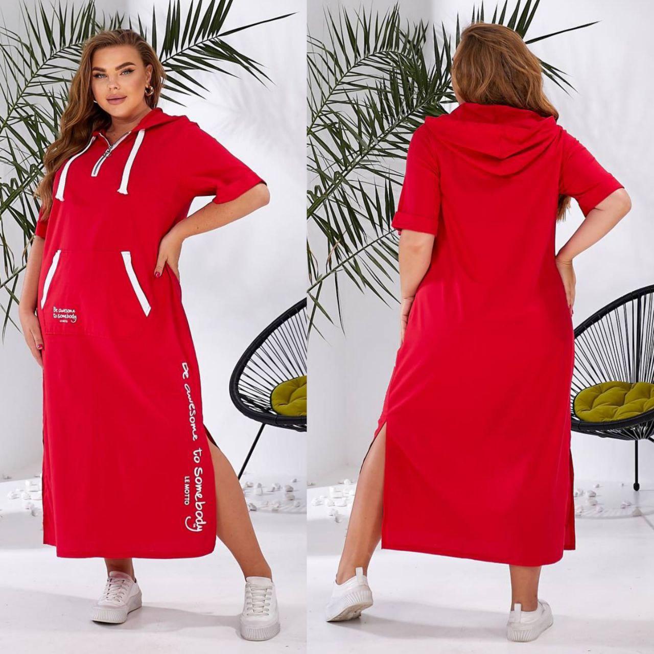 Жіноча літня сукня батал з капюшоном у спортивному стилі з льону 48-58, фото 1