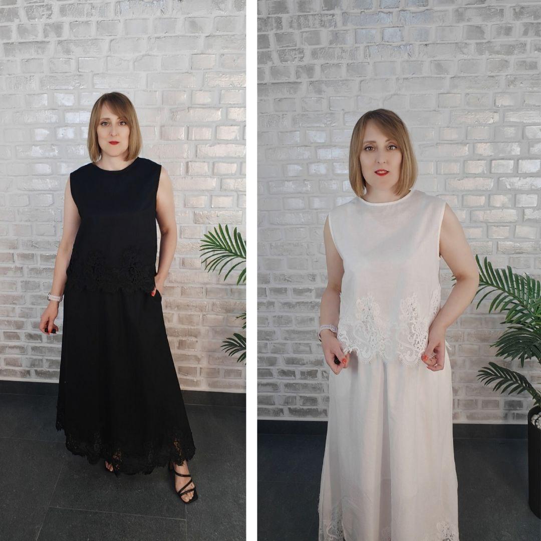 Жіночий літній костюм з льону: блузка + довга спідниця з мереживом | Італія | Преміум якість