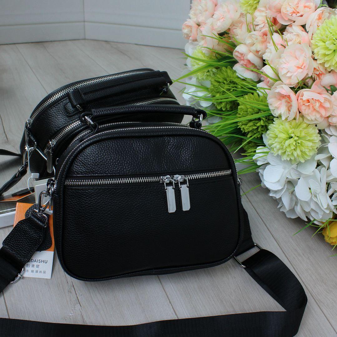 Жіноча шкіряна сумка кросбоді на широкому ремені сумочка чорна натуральна шкіра