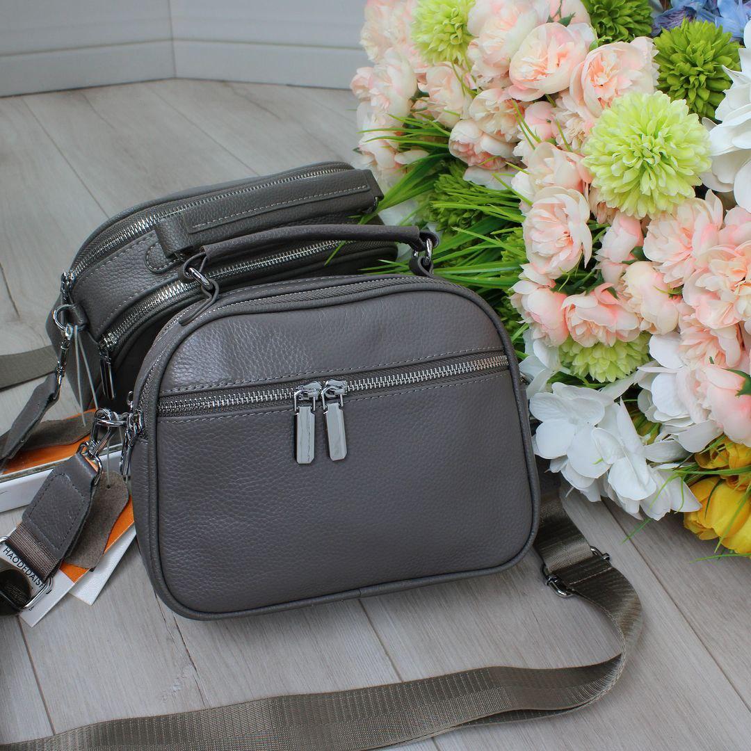 Жіноча шкіряна сумка кросбоді на широкому ремені сумочка сіра натуральна шкіра