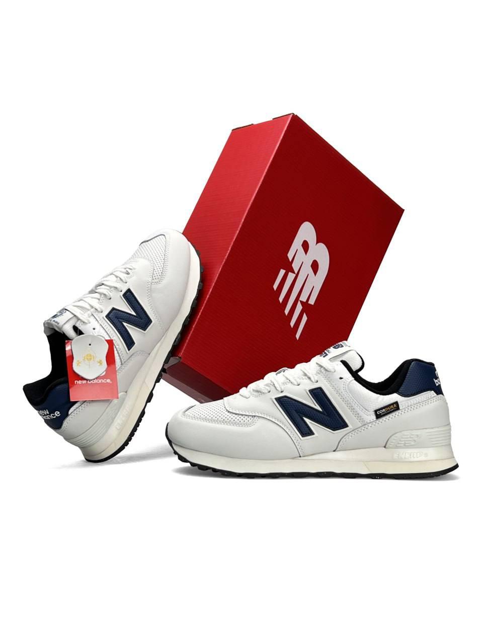 Чоловічі кросівки замшеві текстиль New Balance 574 White Navy, кеди замша текстиль бежеві. Чоловіче взуття, фото 1