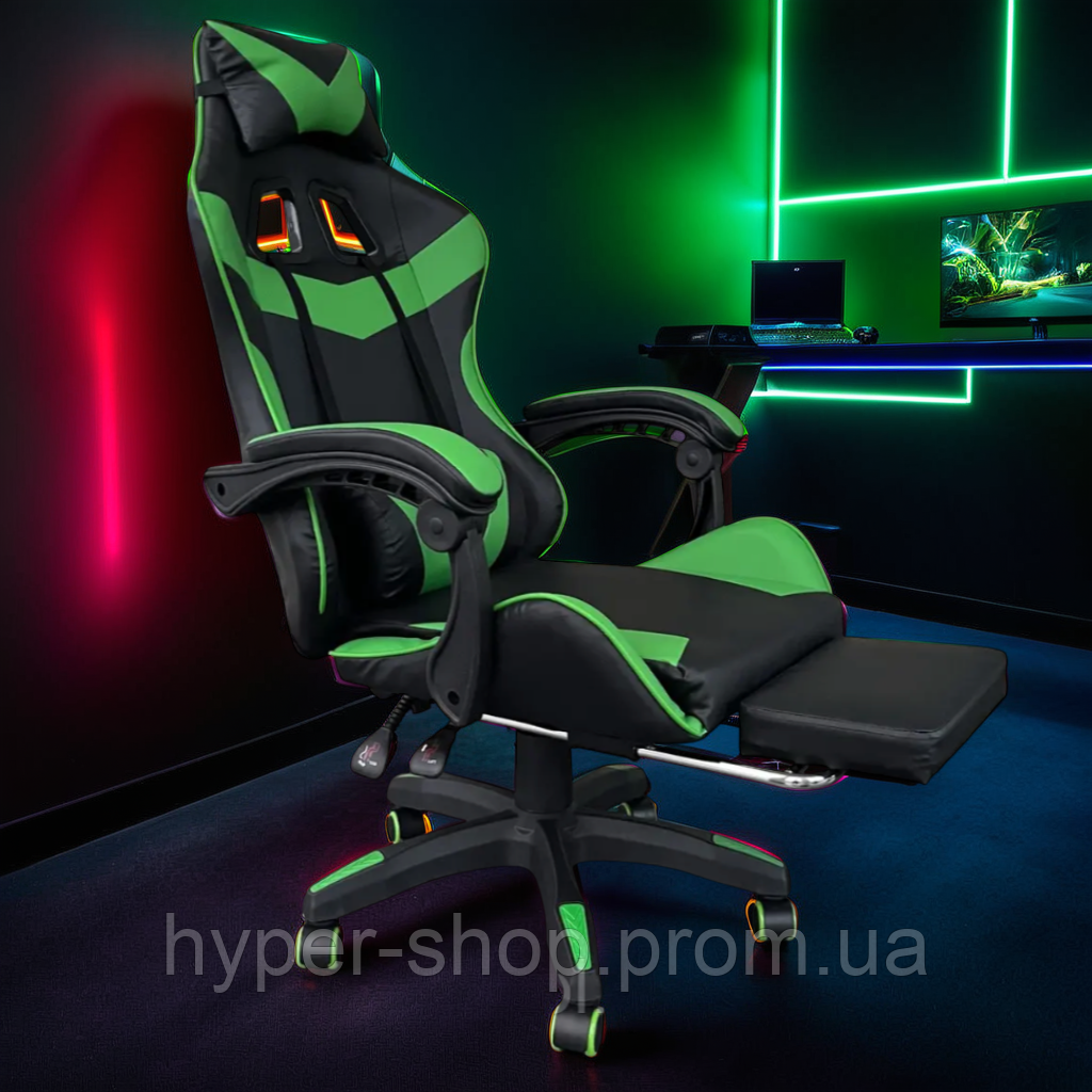 Крісло зеленого кольору з масажем і підставкою для ніг, комп'ютерні геймерські ігрові крісла для ігор удома, фото 1