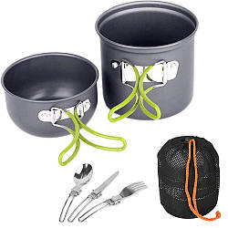 Набір посуду для походів (каструля, чаша + столові прилади) / Алюмінієвий котелок-кухоль для туризму