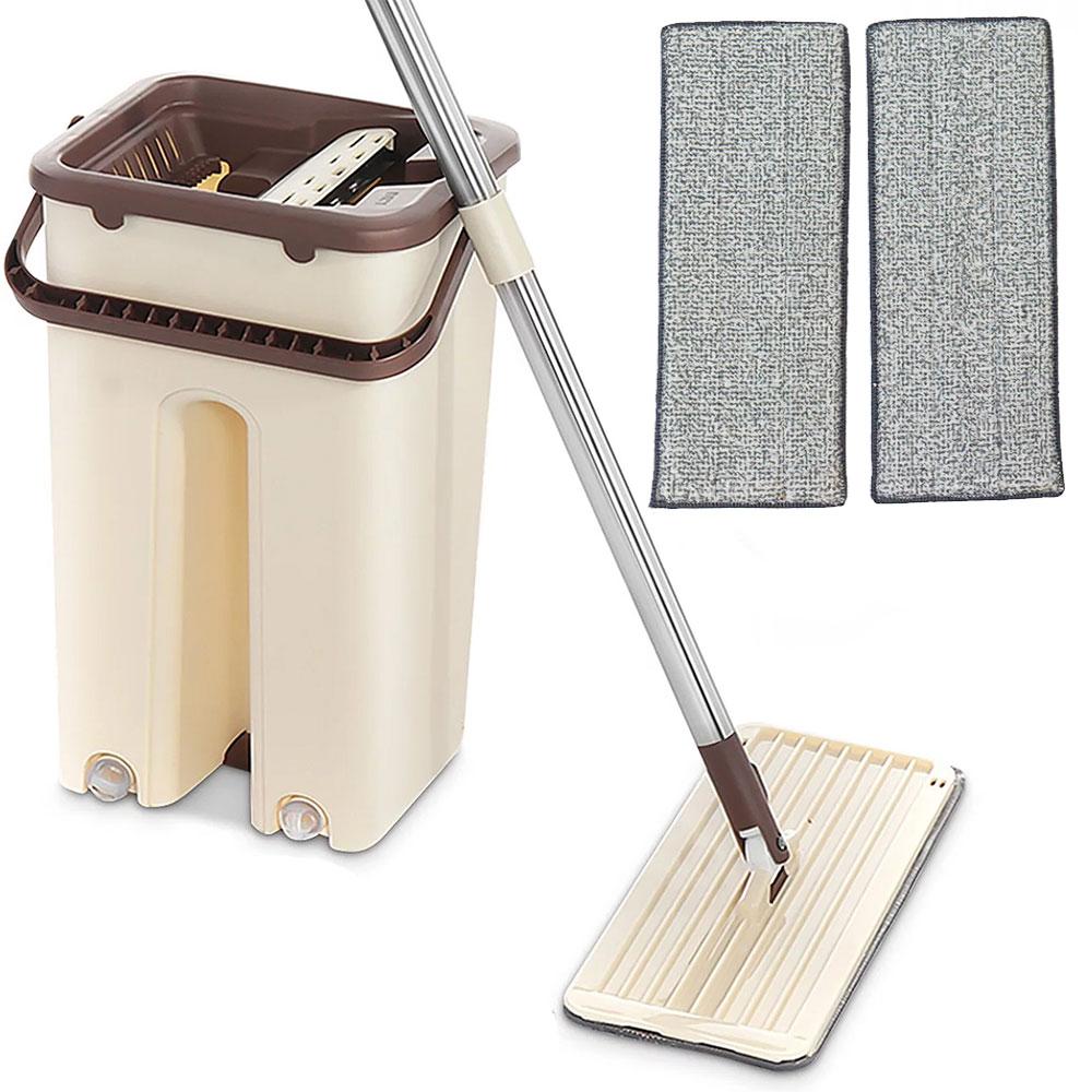 Набір швабра ледар з відром 3,5л Scratch Cleaning Mop + 2 насадки / Плоска швабра з автоматичним віджимом, фото 1