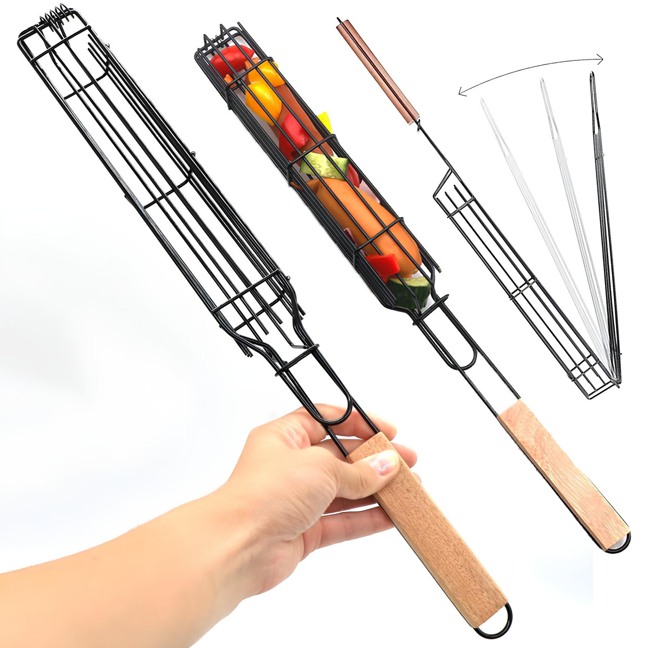 Сітка гриль для овочів 49см з дерев'яною ручкою / Решітка для гриля-барбекю / Портативний кошик для барбекю, фото 1
