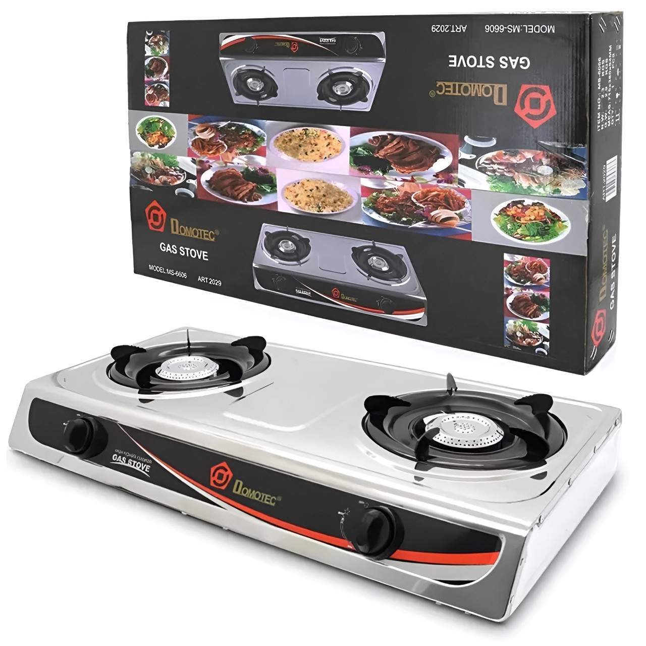 Настільна газова плита на 2 конфорки (4,4 кВт) Domotec MS 6606 / Двоконфоркова плита з нержавіючої сталі, фото 1