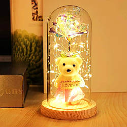 Вічна Троянда в колбі з ведмедиком 21 см + підсвітка / Нічник вічна роза / Подарункова троянда коханій