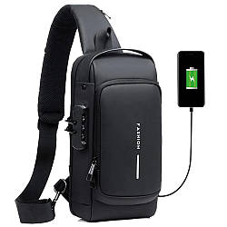 Чоловіча сумка через плече 32х16см, з USB-роз'ємом та кодовим замком, Чорний / Водонепроникна сумка слінг