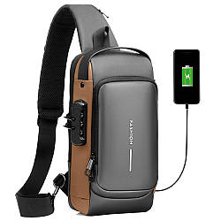 Чоловіча сумка через плече 32х16см, з USB-роз'ємом та кодовим замком, Сірий / Водонепроникна сумка слінг