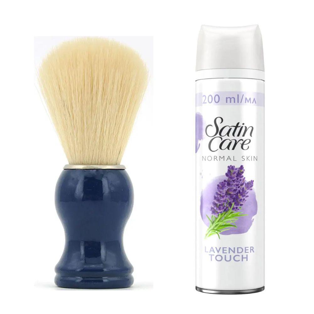 Помазок для гоління з дерева SHIMA з ворсом борсука Синій + гель для гоління Gillette Satin Care Gel Lavender 200 мл, фото 1