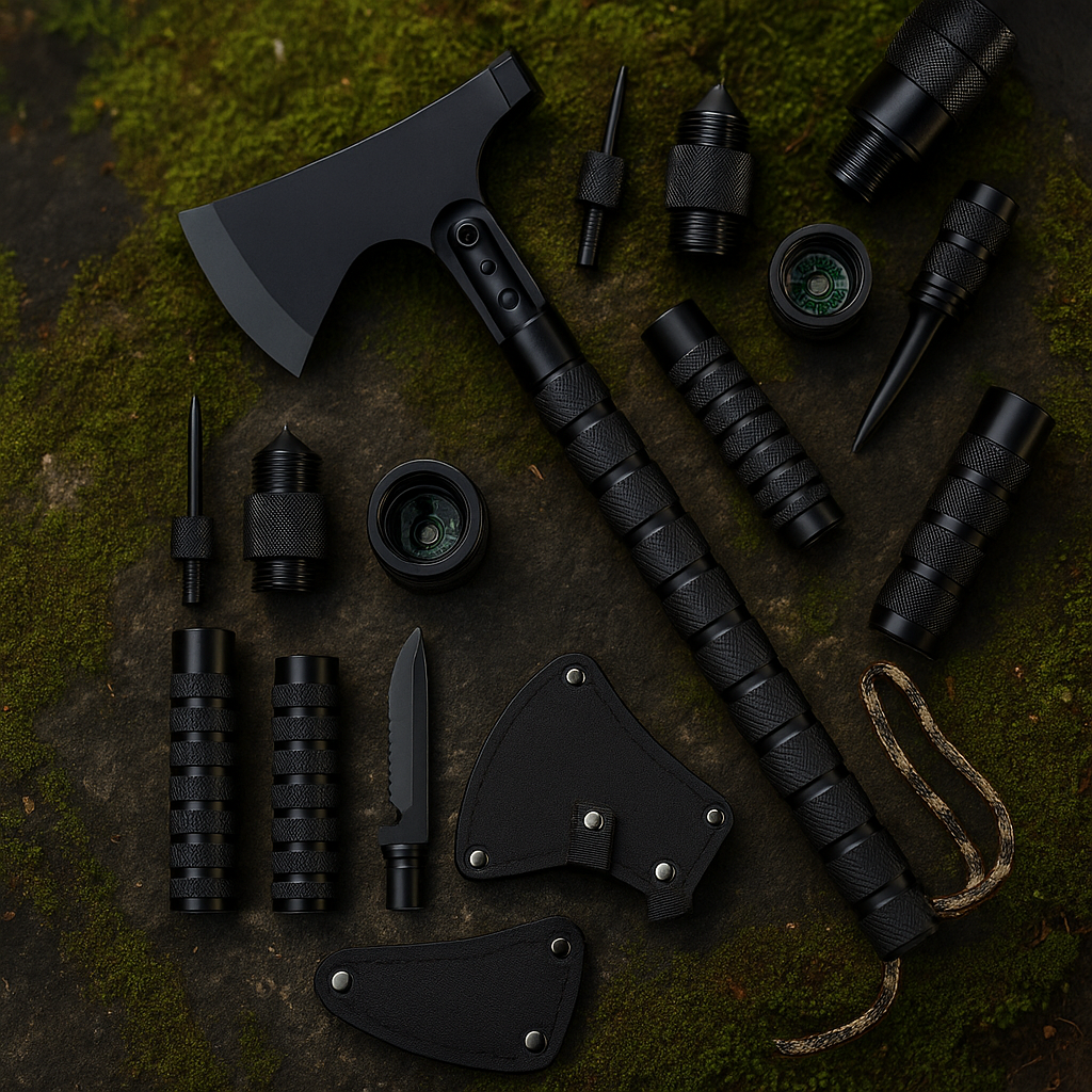 Складна багатофункціональна туристична сокира 9-в-1 з чохлом, ножем, пилкою, компасом та огнивом, фото 1