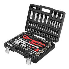 Набір інструментів, проф., 1/2" + 1/4", Cr-V, 108 од., головки: 6-гр. 4-32 мм, E4-E24, біти 35 од., подовж. головки: 6-22 мм, кейс