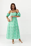 Ошатне літнє жіноче плаття бюстьє з квітковим принтом зелене довге плаття з розрізом на нозі розмір Л, фото 2