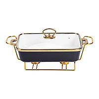 Марміт порцелянаовий зі скляною кришкою 35.5х19х15.5 см на металевій підставці 1,5 л Чорний HTJ-1002