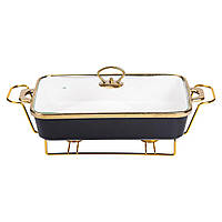 Марміт порцелянаовий із скляною кришкою 40х22.5х15.5 см на металевій підставці 2 л Чорний HTJ-1003