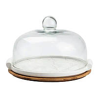 Порцелянова тортівниця зі скляною кришкою на бамбуковій підставці HP1203