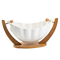 Фруктівниця порцелянова 33*14*16 см на бамбуковій підставці, білий HP1238