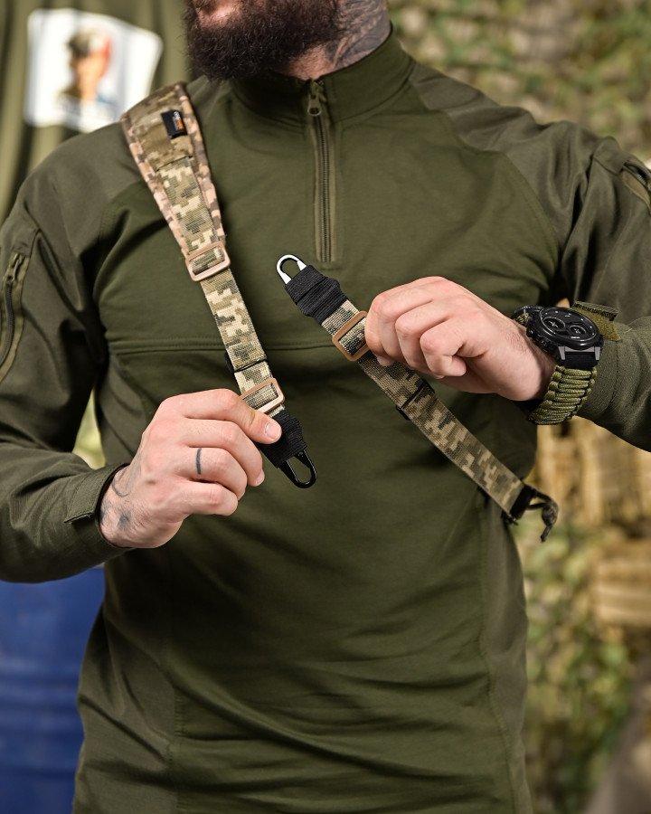 Тактичний двоточковий ремінь Піксель: Cordura 500D, регульований демпфер, стальна фурнітура для зброї, фото 1