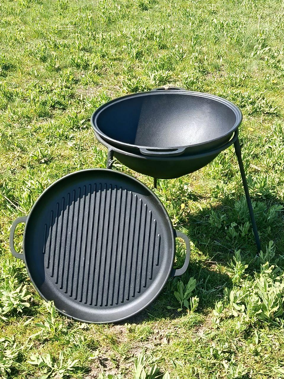 Казан чавунний узбецький об`ємом 12 л WOK із кришкою-сковородою гриль підставкою "Наша Майстерня" (товстостінний)